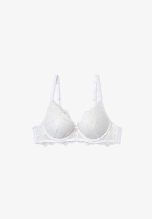 White lace bra with scalloped edges on cups, embroidered floral pattern, adjustable straps, underwire support, and hook-and-eye back closure.