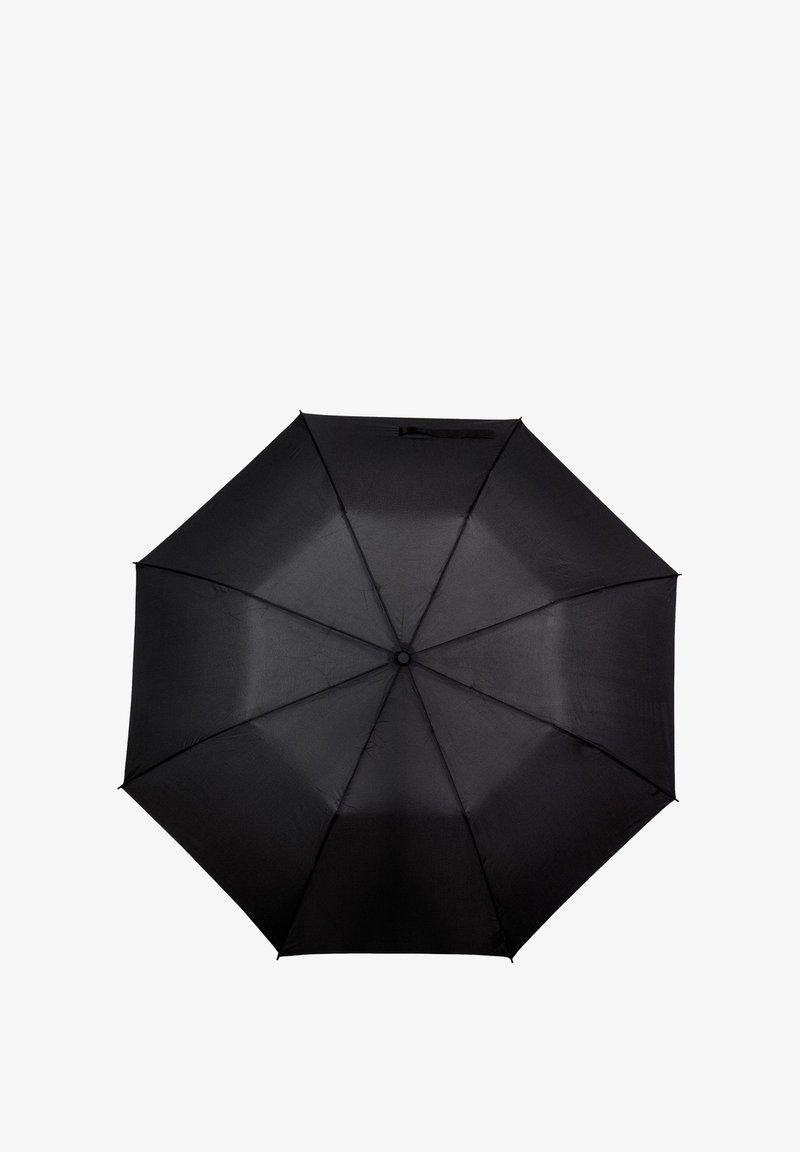Zwarte paraplu met een gladde stofoppervlak, acht panelen en een centrale handgreep. Beschikt over een opvouwbaar ontwerp voor gemakkelijke opslag.