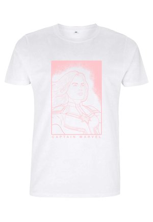 T-shirt bianco con una outline rosa di un ritratto di un personaggio e la scritta "CAPTAIN MARVEL" in basso. Design semplice, colletto girocollo.