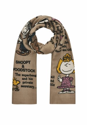 Brown scarf featuring Snoopy, Woodstock, and a smiling girl in a pink dress with comic-style text and illustrations.