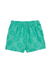 Hellgrüne Shorts aus weichem Stoff, mit einem bestickten Blumenmuster. Elastischer Bund und gesäumte Ränder.