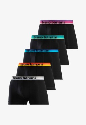 Schwarze Boxershorts mit einem elastischen Bund in Blau und Schwarz, versehen mit der Aufschrift "no banani". Sie präsentieren ein enges Design und eine glatte Textur.