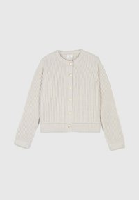 Cardigan en maille beige clair avec des manches longues, un col rond et sept boutons à l'avant sur un fond uni.