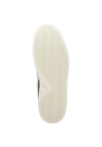 Weiße Sneaker-Sohle mit Fischgrätmuster, ausgestattet mit einer strukturierten Gummioberfläche und einem dezenten Logo. Flache und abgerundete Form, langlebiges Material.