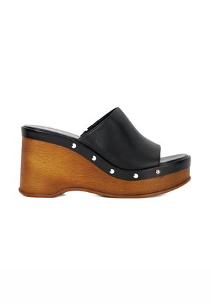 Black leather platform clogs with a rounded open toe, wooden wedge heel, and silver decorative studs along the side.