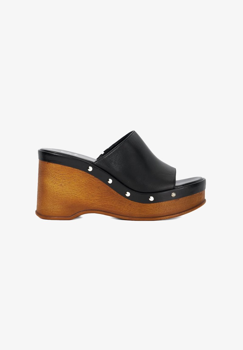 Black leather platform clogs with a rounded open toe, wooden wedge heel, and silver decorative studs along the side.