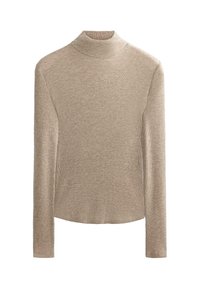 Beige ribbet langærmet turtleneck sweater med slim fit og blødt, struktureret strikstoff.