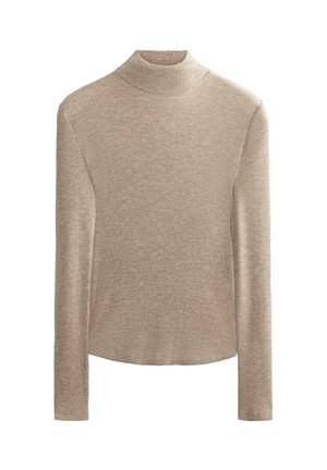 Beige csíkos, hosszú ujjú garbó pulóver, slim fit szabással és puha, textúrált kötött anyagból.