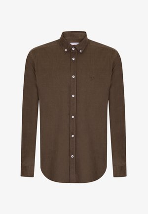 Brązowa koszula sztruksowa z kołnierzykiem na guziki, długimi rękawami i białymi guzikami. Na piersi znajduje się małe, haftowane logo.