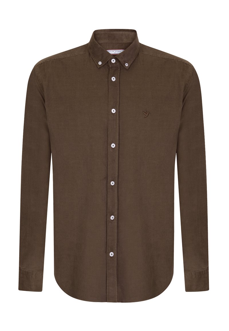 Braunes Cordhemd mit Knopfkragen, langen Ärmeln und weißen Knöpfen. Mit einem kleinen gestickten Logo auf der Brust.