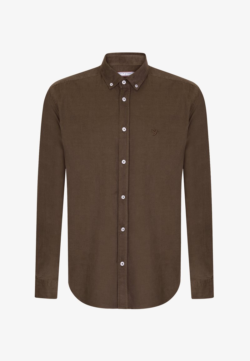 Braunes Cordhemd mit Knopfkragen, langen Ärmeln und weißen Knöpfen. Mit einem kleinen gestickten Logo auf der Brust.