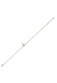 Bracciale in oro rosa con una delicata catena, caratterizzato da un dettaglio a perla rotonda singola e lunghezza regolabile. Design minimalista con accenti chiari.