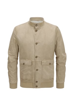 Beige Jacke mit hohem Kragen, Frontknöpfen und zwei großen aufgesetzten Taschen. Hergestellt aus glattem Stoff mit gerippten Bündchen und Saum.