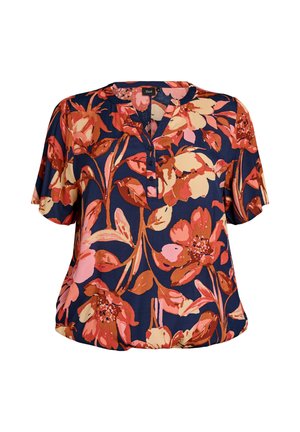 Blusa a maniche corte blu navy con grande stampa floreale corallo e beige e un'apertura parziale con bottoni al collo.