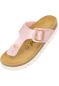 Sandalo con cintura in pelle rosa con una fascia larga e dettaglio con fibbia, caratterizzato da una soletta beige testurizzata e suola in gomma bianca con scanalature.