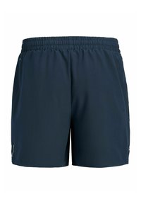 Shorts de sport bleu marine avec ceinture élastique et petit logo réfléchissant sur les coutures latérales basses.
