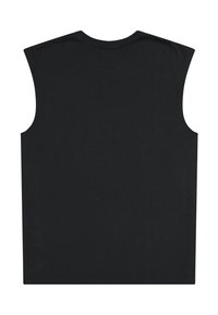 Μαύρο αμάνικο μπλουζάκι με στρογγυλή λαιμόκοψη, απλωμένο επίπεδα και εμφανίζοντας την πίσω πλευρά.