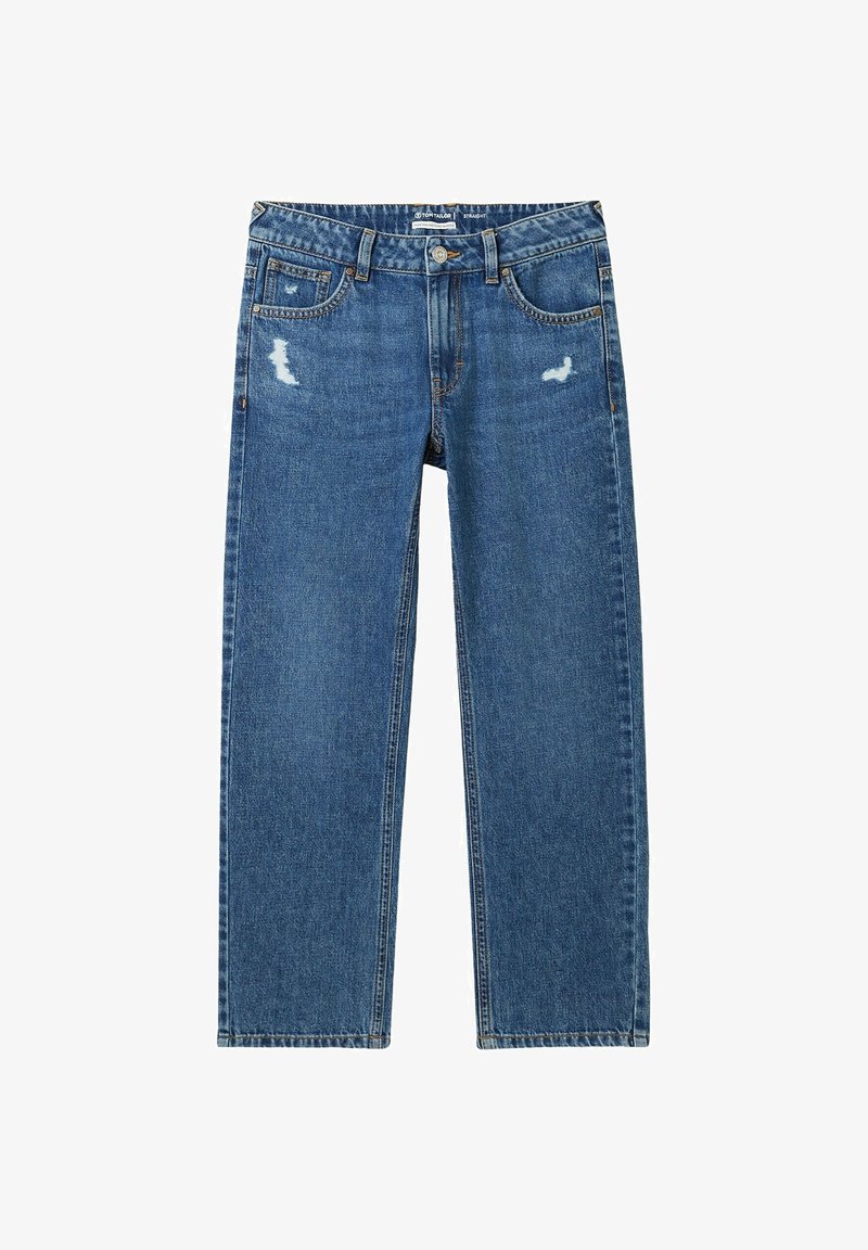 Jean droit bleu avec des détails d'usure estompés sur les poches avant et une fermeture par boutons.