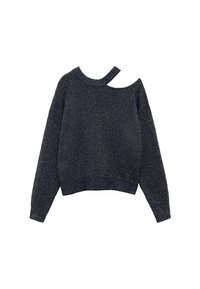 Lahka črna pletena pulover s krojnim izrezom in off-shoulder rezom. Teksturna tkanina z diskretno iskrico. Prilegajoči manšeti in spodnji rob.