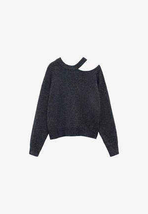 Ľahký čierny pletený sveter s výstrihom a strihom odhalených ramien. Textúrovaná tkanina s jemným leskom. Úzke manžety a spodný lem.