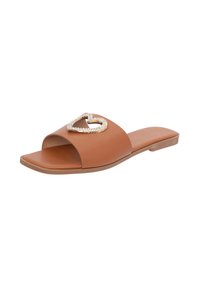 Sandal aperto in faux pelle marrone con una punta scoperta e un accento a forma di cuore dorato decorato con strass sulla fascia.