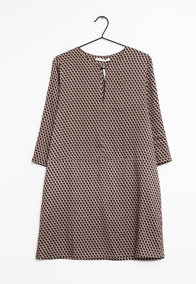 Braunes Kurzarmkleid mit geometrischem Muster in Creme und Orange. Rundhalsausschnitt mit einem Schlüsselverschluss und lockerer Passform.