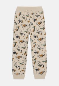 Beige Jogginghose mit einem Allover-Druck von Baufahrzeugen und B�äumen, elastischem Bund und Bündchen.
