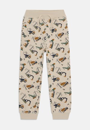 Beige sweatpants met een algehele print van bouwvoertuigen en bomen, met een elastische tailleband en afgewerkte boorden.