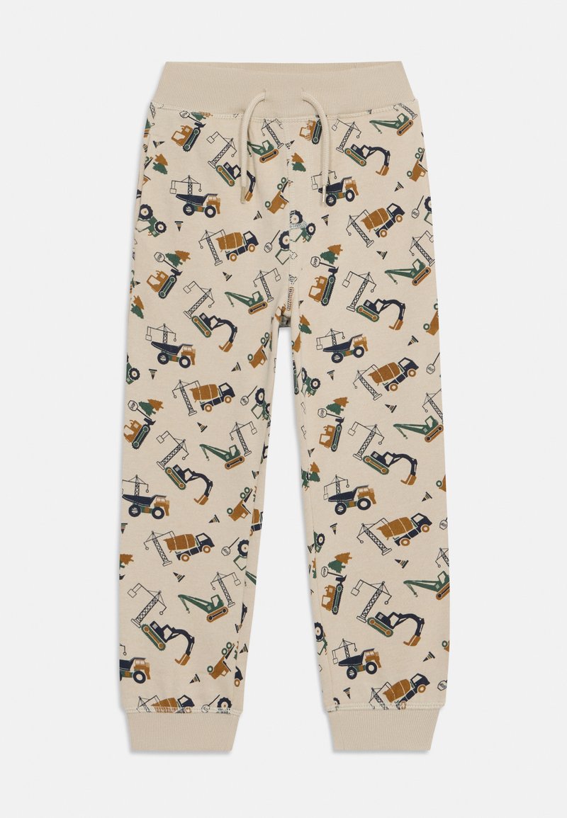 Beige Jogginghose mit einem Allover-Druck von Baufahrzeugen und Bäumen, elastischem Bund und Bündchen.