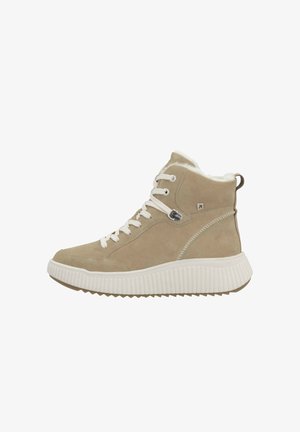 Tan suede high-top sneakers with white faux fur lining, white laces, and textured rubber sole. Features a side logo and contrasting stitching.