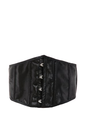 Ceinture corset en satin noir avec fermetures à crochets et œillets et motif floral discret, conçue pour cintrer la taille.