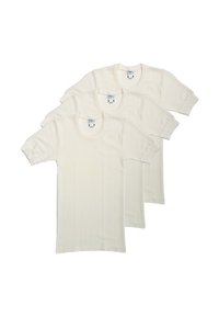 Tre t-shirt a maniche corte con collezione girocollo di colore crema chiaro, realizzate in tessuto morbido, con vestibilità standard e senza motivi visibili.