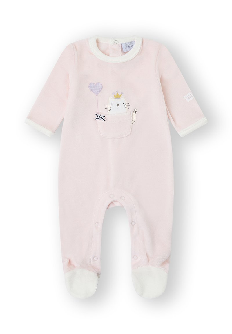 Mono de forro polar rosa con mangas largas, que presenta un diseño de gato en un bolsillo, corazón, globo y corona. Detalles en blanco y cierres de presión en la parte inferior.