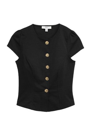 Zwart kort mouwen top met een ronde halslijn, met een aansluitend ontwerp en vijf gouden decoratieve knopen aan de voorkant. Glad stof.