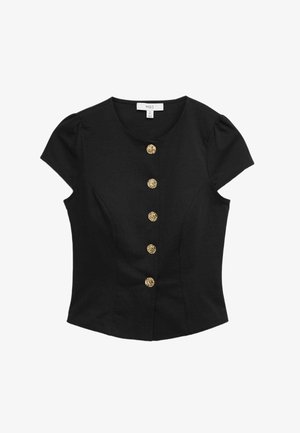 Sort kortærmet top med rund halsudskæring, der har et figursyet design og fem gyldne dekorative knapper langs fronten. Glat stof.