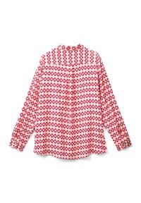 Blouse à manches longues rouge et blanche, présentant un motif géométrique. Tissu doux avec un col et une fermeture à boutons à l'arrière.