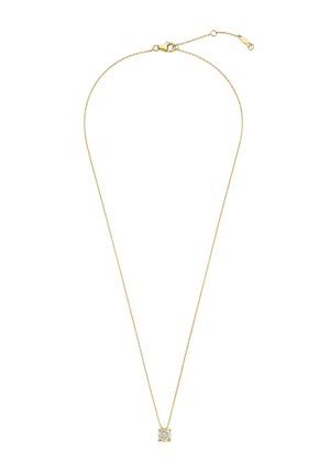 Zarte Goldkette mit kleinem quadratischem Diamantanhänger und Karabinerverschluss mit Verlängerungskette.