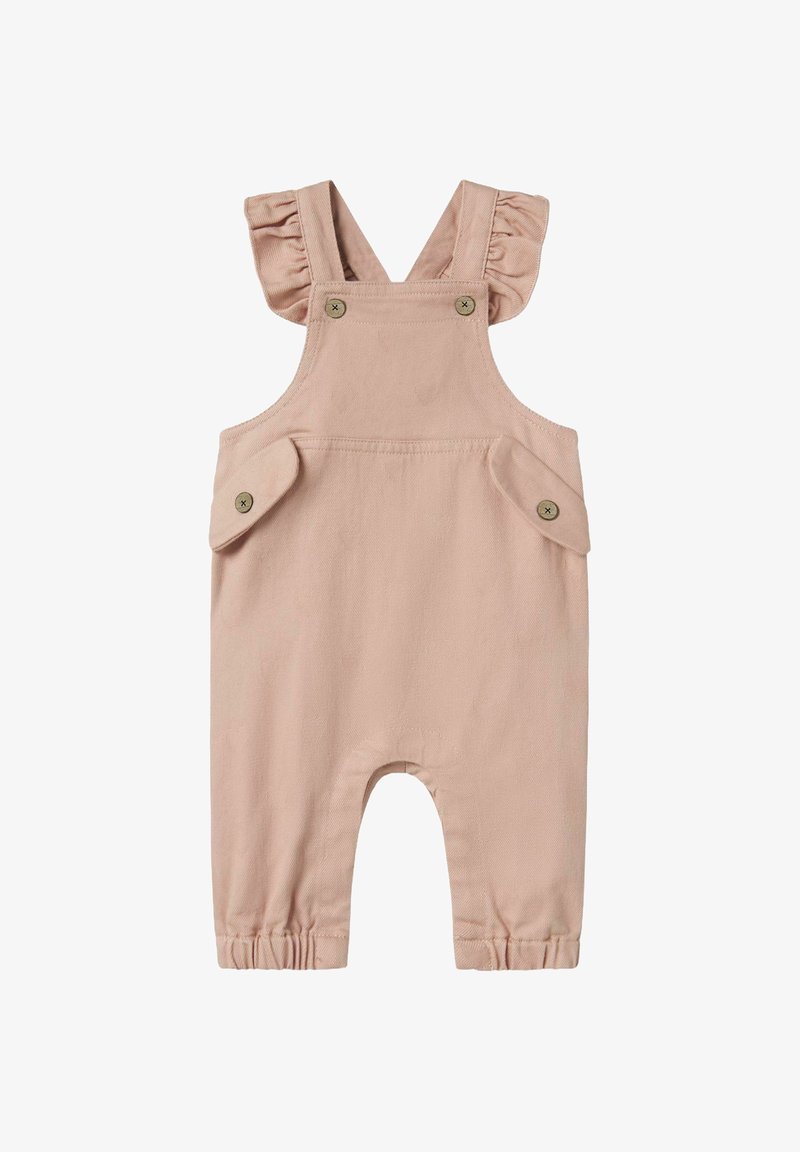 Helle rosa Baumwolloveralls mit Rüschen-Trägern, zwei Fronttaschen, Metallknopf-Akzenten und elastischen Bündchen.