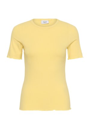 Žuta kratka pamučna majica s rebrastim uzorkom, okruglim izrezom i rubovima na rukavima i donjem dijelu poput lisnatog povrća, s natpisom "Saint" unutar ovratnika.
