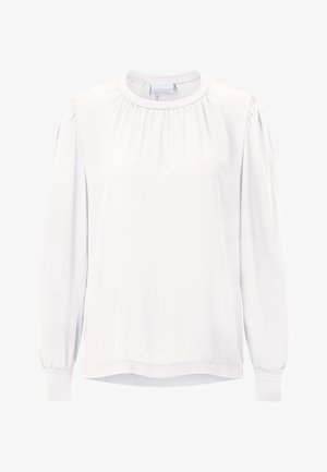 Valge pikakä sleeves blouse ümarate kaelustega, kogutud õmblustega õlgadel ja siledast, kergelt läikivast materjalist. Hemline on sirge ja veidi pikem taga.
