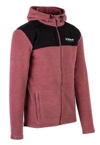 Giacca in pile di colore rosa scuro con pannello nero sulla spalla. Presenta una chiusura con zip frontale, cappuccio e tasche laterali; texture morbida e design casual.