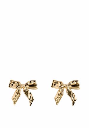 Gold-tone bow-shaped earrings with a textured finish, featuring a central knot and two flowing tails, designed for a decorative effect.