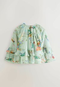 Blusa verde menta con stampa floreale, maniche a balze e dettaglio a occhiello sulla schiena. Realizzata in tessuto leggero; presenta vari motivi di uccelli e fiori.
