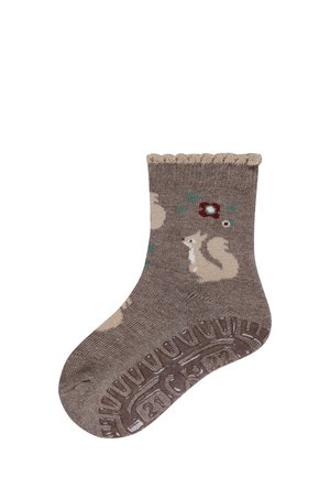 Brown socks with a textured knit, feature patterns of squirrels and flowers, and a scalloped top. Rubber grip design on the sole.