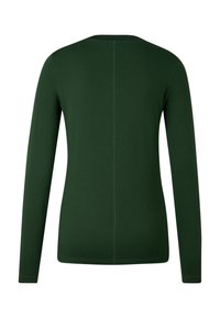 Haut à manches longues de couleur vert foncé, fabriqué en tissu lisse. Présente un col rond et une couture centrale descendant dans le dos. Aucune logo visible.