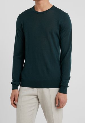 Donkergroene crewneck trui van zacht materiaal met lange mouwen en geribbelde manchetten. Draagt over lichtgekleurde broeken.