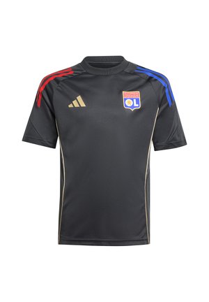 Black short-sleeve sports jersey with red and blue shoulder stripes, gold Adidas logo, and Olympique Lyonnais football club crest on chest.