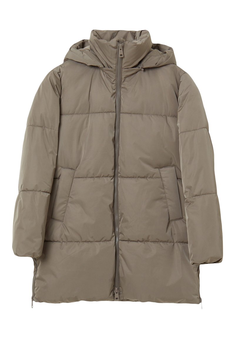 Giacca imbottita beige con cappuccio, dotata di zip lungo tutto il davanti, due tasche laterali e pannelli orizzontali cuciti per una maggiore texture.