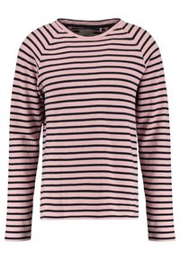 Gestreiftes Langarmshirt in Pink und Navy, mit rundem Ausschnitt und weichem Strickstoff mit gleichmäßigen horizontalen Linien.