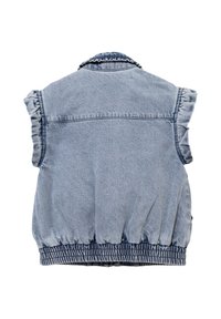 Gilet in denim con un lavaggio azzurro chiaro, maniche a palloncino corte, collo arruffato e orlo elasticizzato. Tessuto morbido con un design casual.